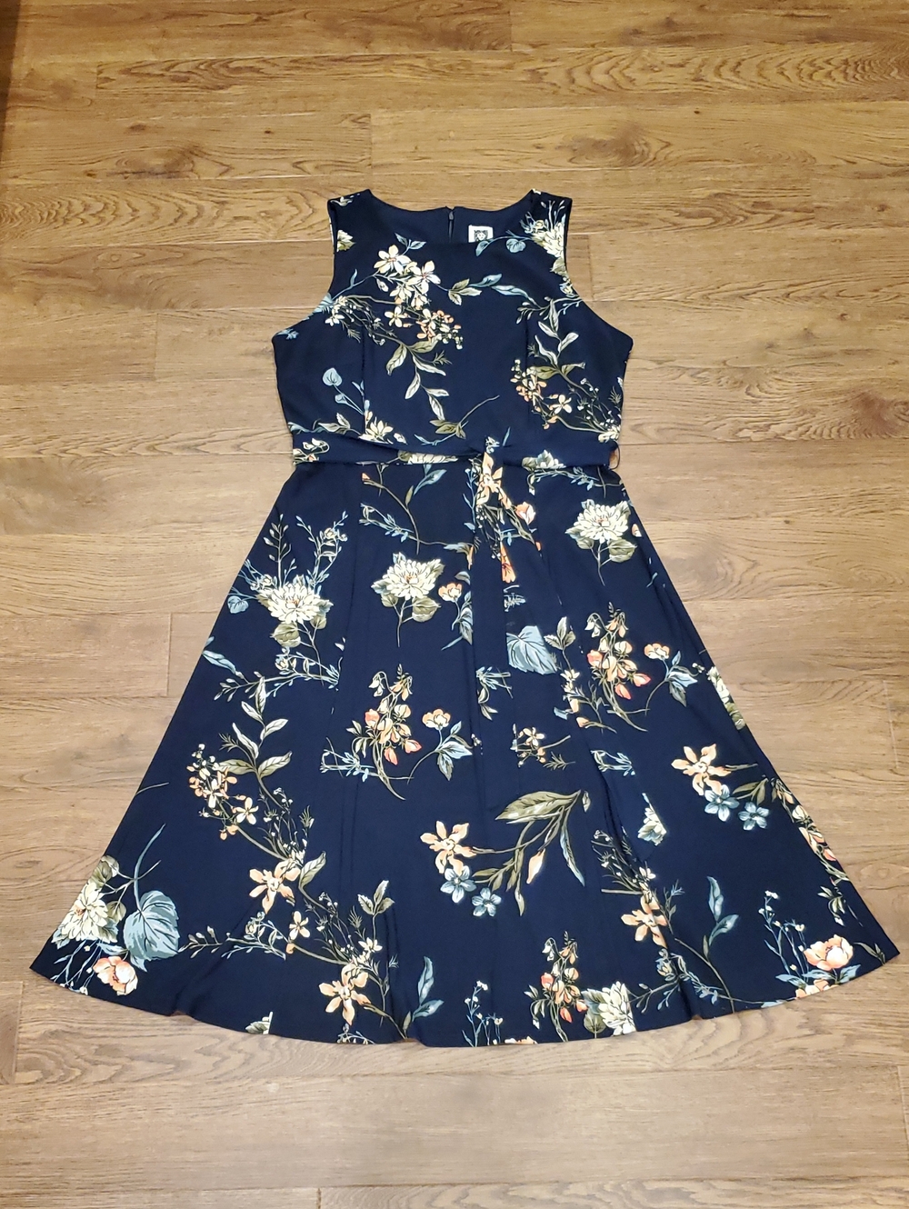 Anne Klein Floral Navy Sleeveless A-Line Dress Womens 10